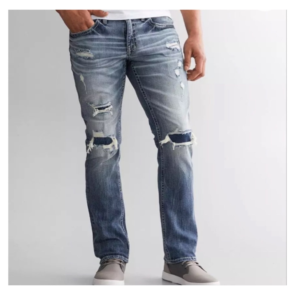 BKE Jake Straight Leg BUTTON FLY Jeans Men's 32 x 30 Stretch Destruction Patched